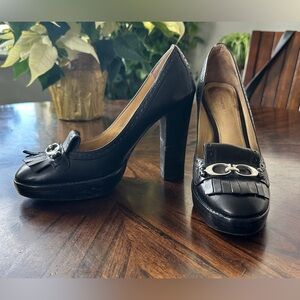 Coach Leather Black Pump Platform Retro Fringe C Silver Tone Logo Size 9